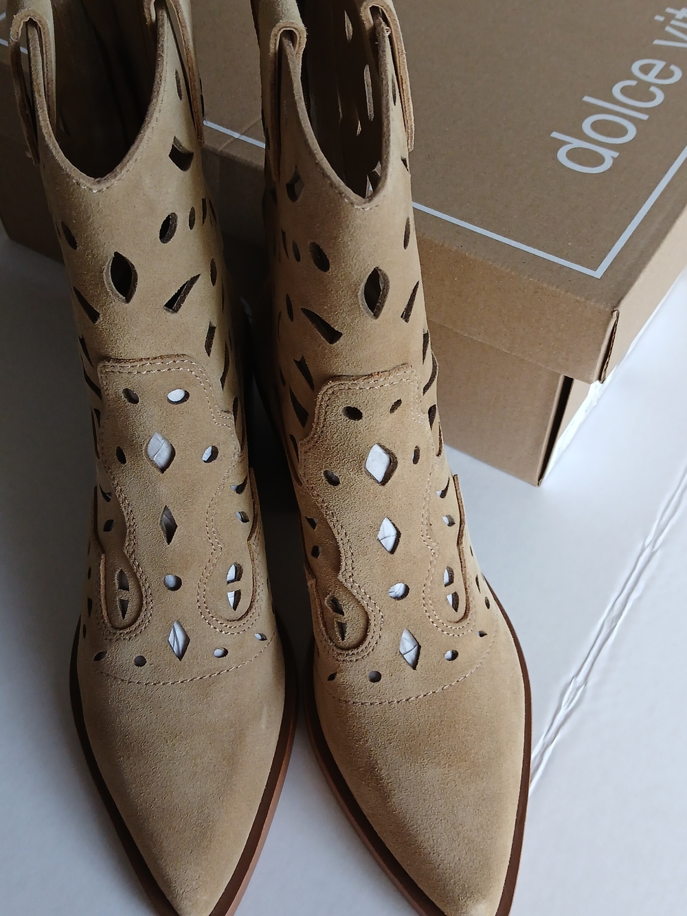 Dolce Vita Multiple Sizes Taupe Suede Cutout Western Heeled Boots New $65 - Picture 2 of 10